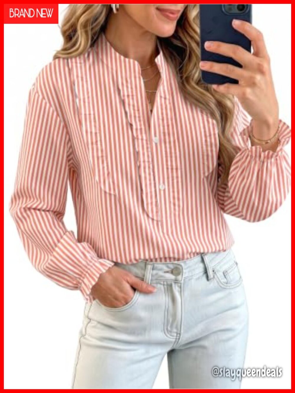 Womens Plaid Striped Button Blouse Ruffle V-Neck Long Sleeve Work Shirt